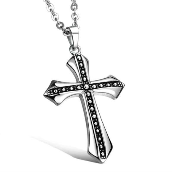 NWT✝️ 20” MEN’S/UNISEX BLACK/SILVER STAINLESS STEEL CROSS PENDANT CHAIN NECKLACE - Picture 4 of 7